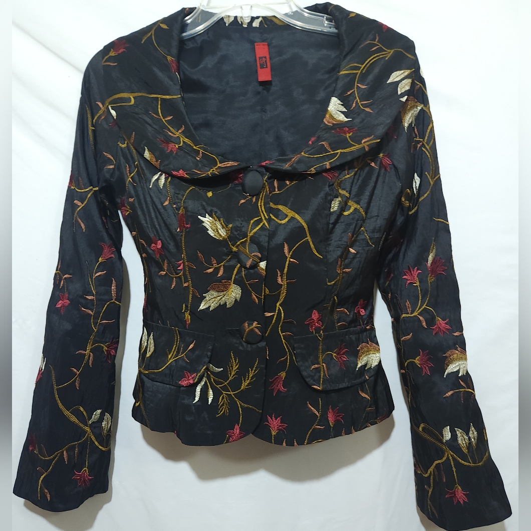 Vtg 80's 90's Just In Time Black Satin Jacket Floral Embroidery Womens Size Sp